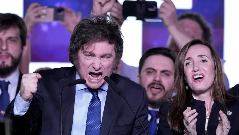 Javier Milei, presidential candidate of the Liberty Advances coalition, speaks at his campaign headquarters after polling stations closed during primary elections in Buenos Aires, Argentina