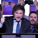 Javier Milei, presidential candidate of the Liberty Advances coalition, speaks at his campaign headquarters after polling stations closed during primary elections in Buenos Aires, Argentina