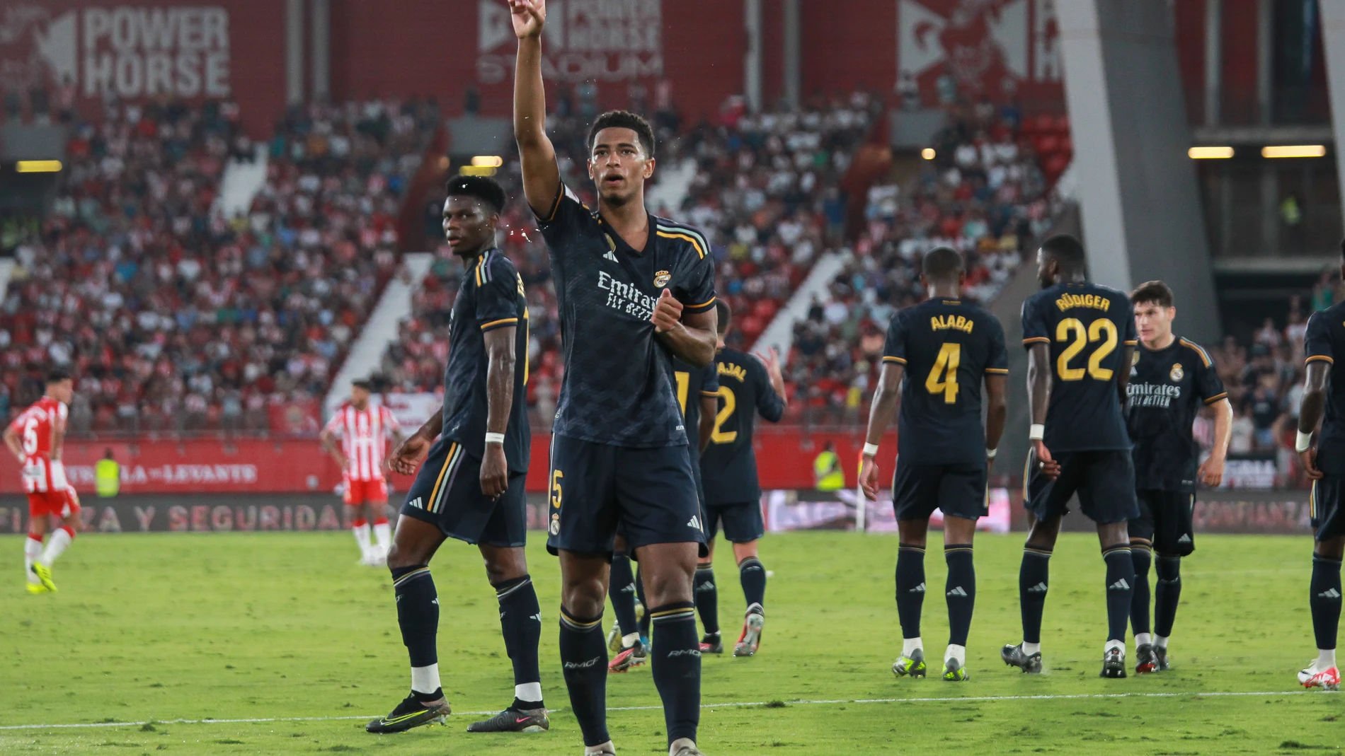 Jude Bellingham of Real Madrid celebrates a goal during the Spanish league, La Liga EA Sports, football match played between UD Almeria and Real Madrid at Power Horse stadium on August 19, 2023, in Almeria, Spain. Irina R. Hipolito / Afp7 19/08/2023 ONLY FOR USE IN SPAIN