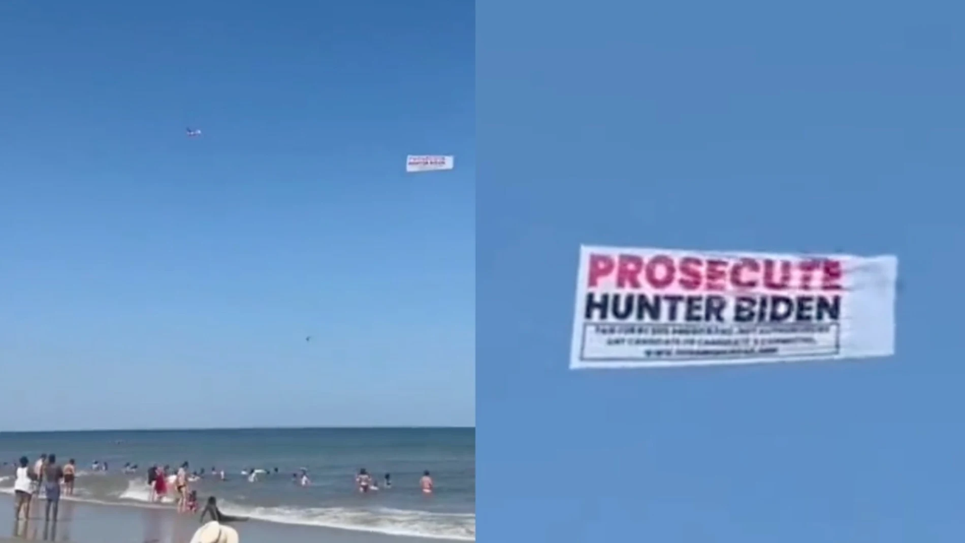 Una bandera con el lema "procesar a Hunter Biden" atada a un avión ondea sobre la casa de la playa del presidente Joe Biden