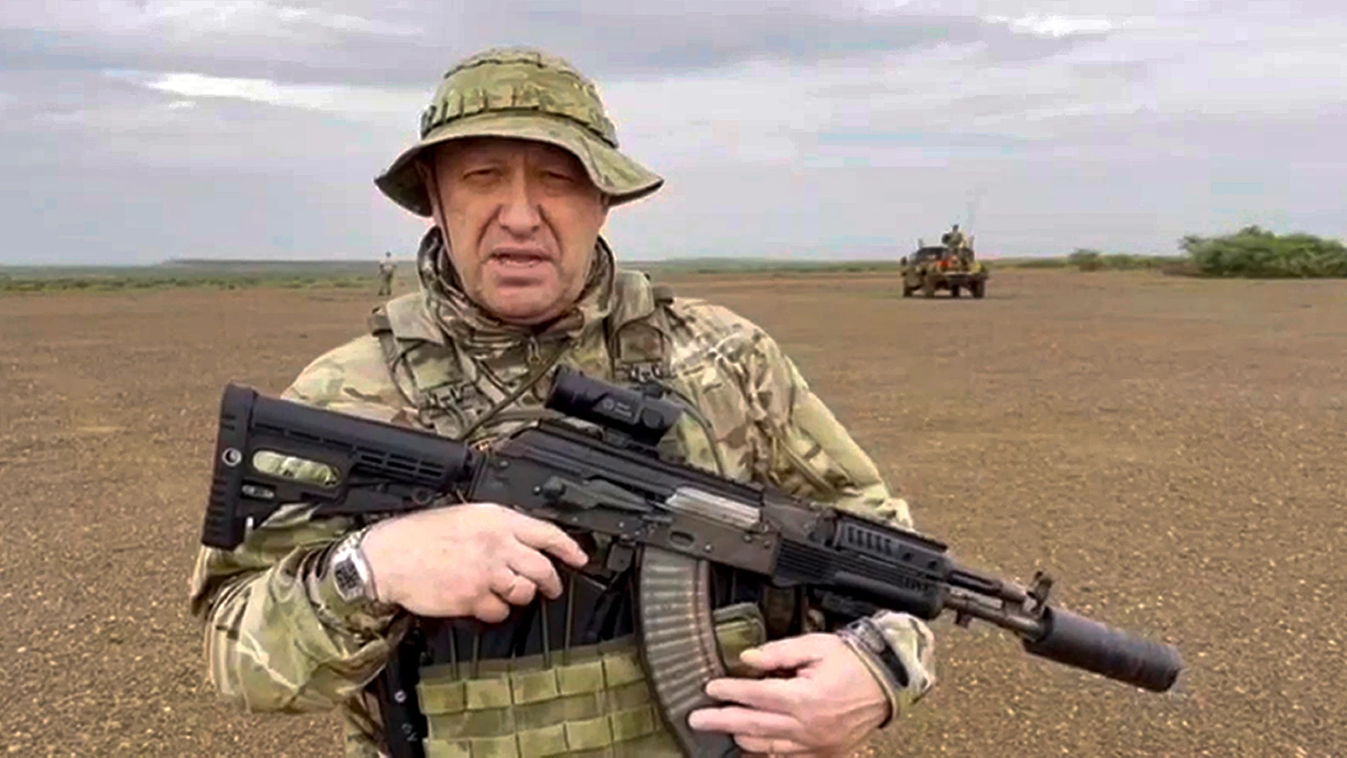 In this image taken from video released by Razgruzka_Vagnera telegram channel on Monday, Aug. 21, 2023, Yevgeny Prigozhin, the owner of the Wagner Group military company speaks to a camera at an unknown location. (Razgruzka_Vagnera telegram channel via AP)