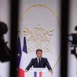French President Emmanuel Macron speaks in front of French ambassadors during the conference of ambassadors at the Elysee Palace, Paris, France, 28 August 2023. Macron is expected to highlight France's foreign policy during the annual ambassadors' conference.
