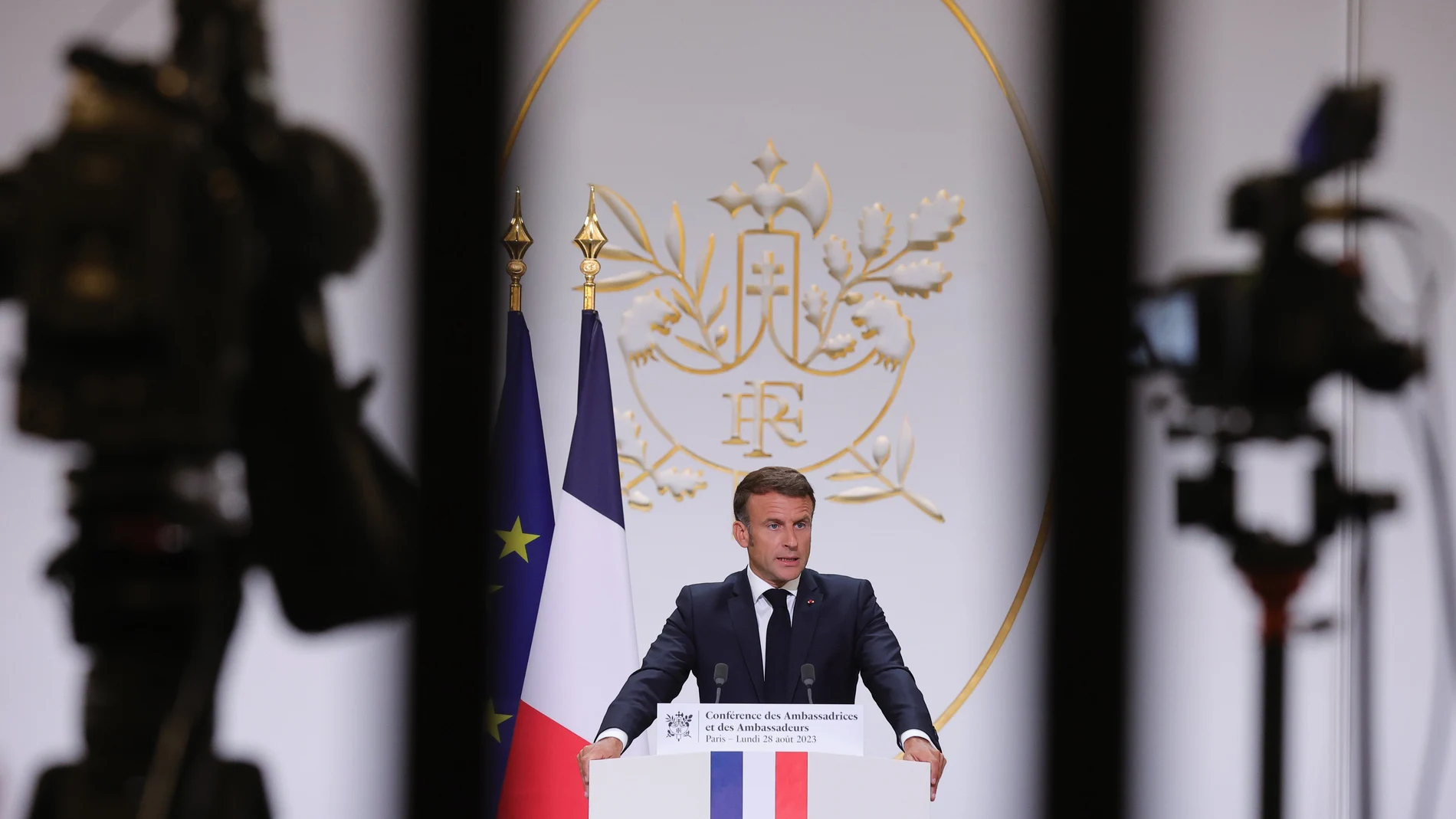 French President Emmanuel Macron speaks in front of French ambassadors during the conference of ambassadors at the Elysee Palace, Paris, France, 28 August 2023. Macron is expected to highlight France's foreign policy during the annual ambassadors' conference.