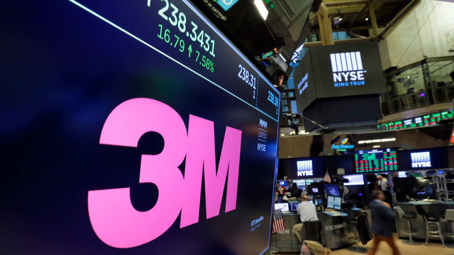 FILE - The logo for 3M appears on a screen above the trading floor of the New York Stock Exchange, Oct. 24, 2017. 3M, on Tuesday, Aug. 29, 2023, has agreed to pay $6 billion to settle numerous lawsuits from U.S. service members who say they experienced hearing loss or other serious injuries from using earplugs made by the company. (AP Photo/Richard Drew, File)