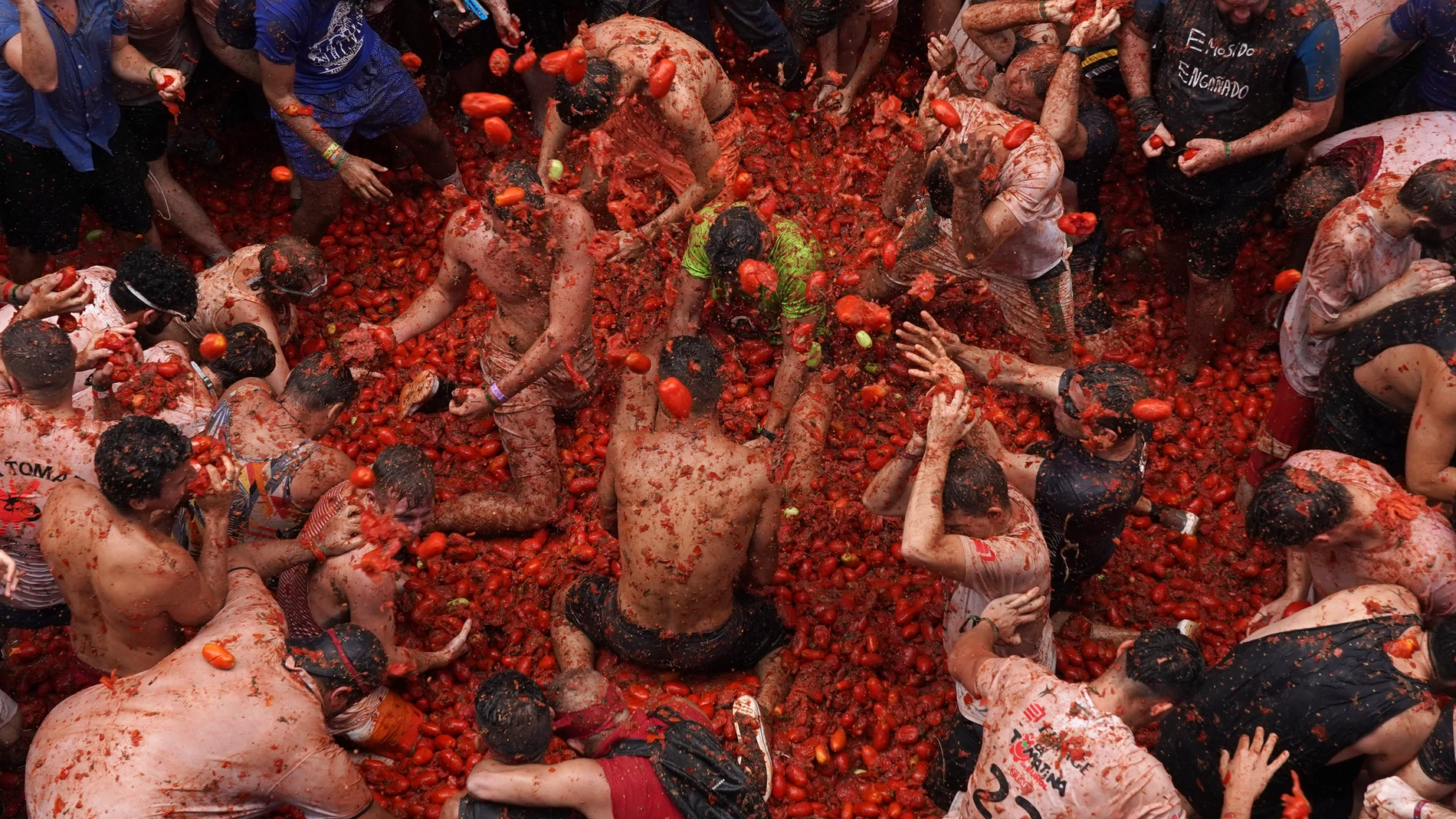 Revellers throw tomatoes at each other during the annual "Tomatina", tomato fight fiesta, in the village of Bunol near Valencia, Spain, Wednesday, Aug. 30, 2023. Thousands gather in this eastern Spanish town for the annual street tomato battle that leaves the streets and participants drenched in red pulp from 120,000 kilos of tomatoes. (AP Photo/Alberto Saiz)