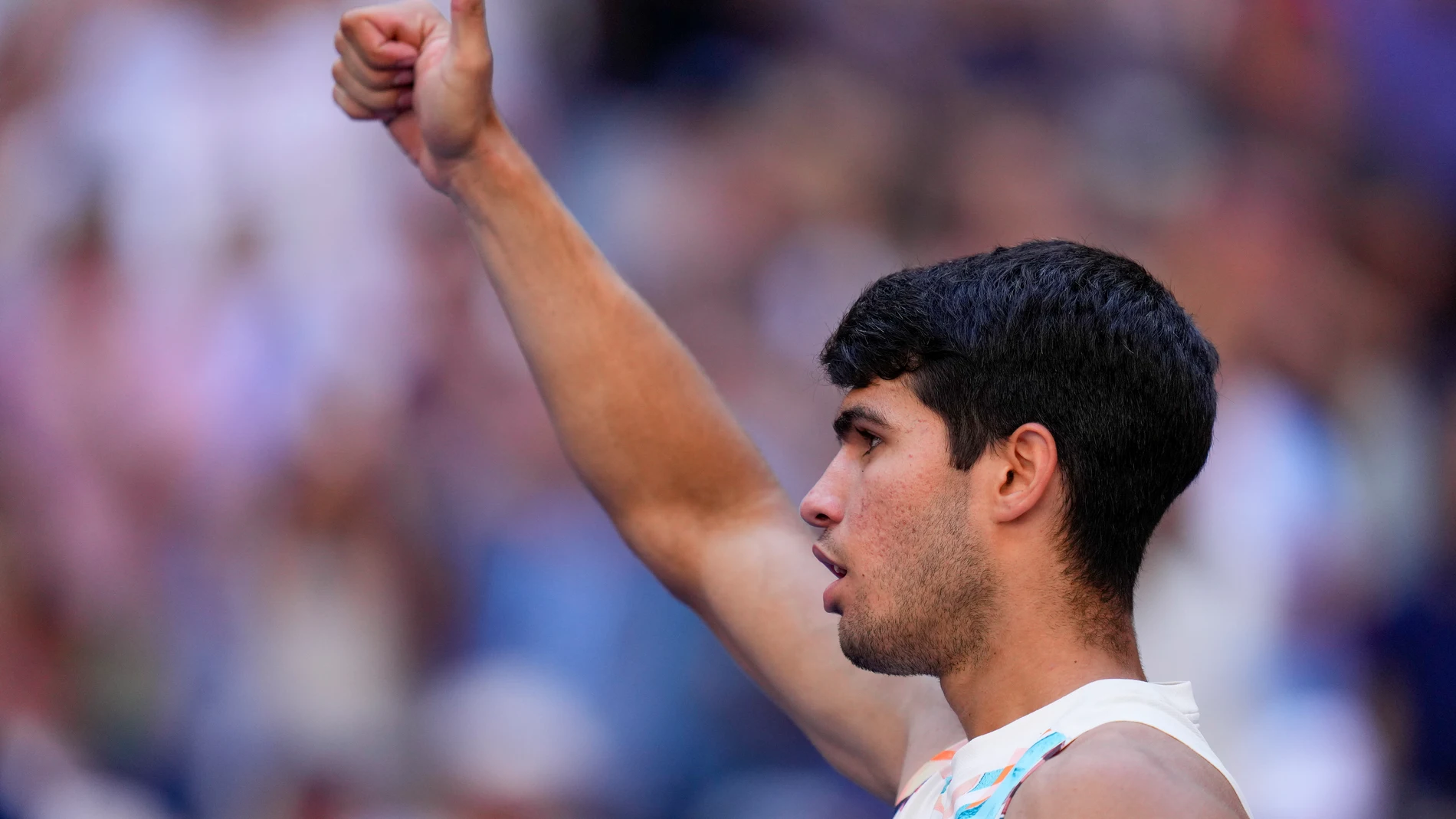 Carlos Alcaraz, of Spain, reacts to the crowd after defeating Daniel Evans, of the United Kingdom, during the third round of the U.S. Open tennis championships, Saturday, Sept. 2, 2023, in New York. (AP Photo/Manu Fernandez)
