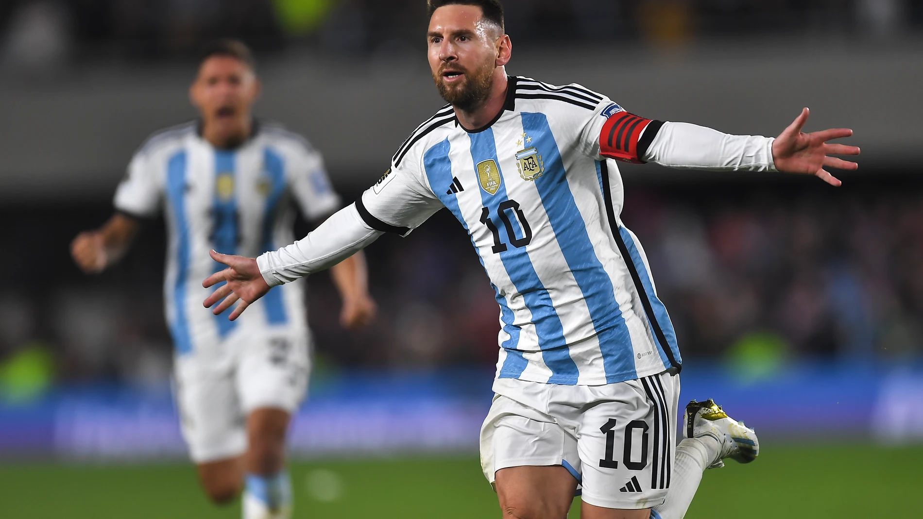 07 September 2023, Argentina, Buenos Aires: Argentina's Lionel Messi celebrates scoring his side's first goal during the 2026 FIFA World Cup South American qualifiers soccer match between Argentina and Ecuador at Estadio Monumental. Photo: Fernando Gens/dpa 07/09/2023 ONLY FOR USE IN SPAIN