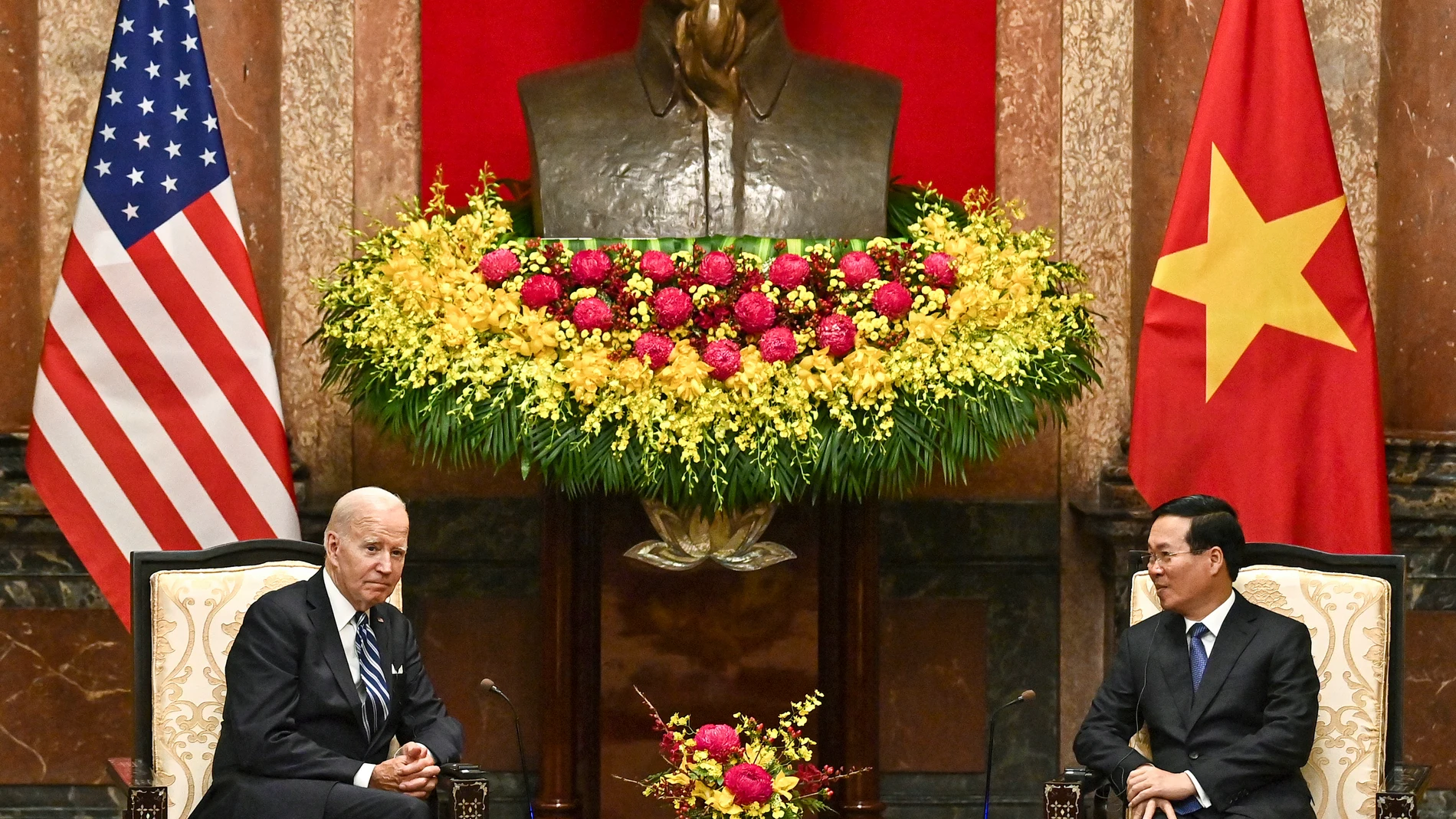 U.S. President Joe Biden, left, and Vietnam's President Vo Van Thuong hold a meeting at the Presidential Palace in Hanoi, Vietnam, Monday, Sept. 11, 2023. (Nhac Nguyen/Pool Photo via AP)