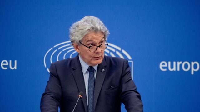 European Commissioner for Internal Market Thierry Breton speaks during a prss conference in Strasbourg.