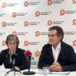 La presidenta de Societat Civil Catalana (SCC), Elda Mata, y el vicepresidente, Álex Ramos, en rueda de prensa en Barcelona (Catalunya, España) el 12 de septiembre de 2023