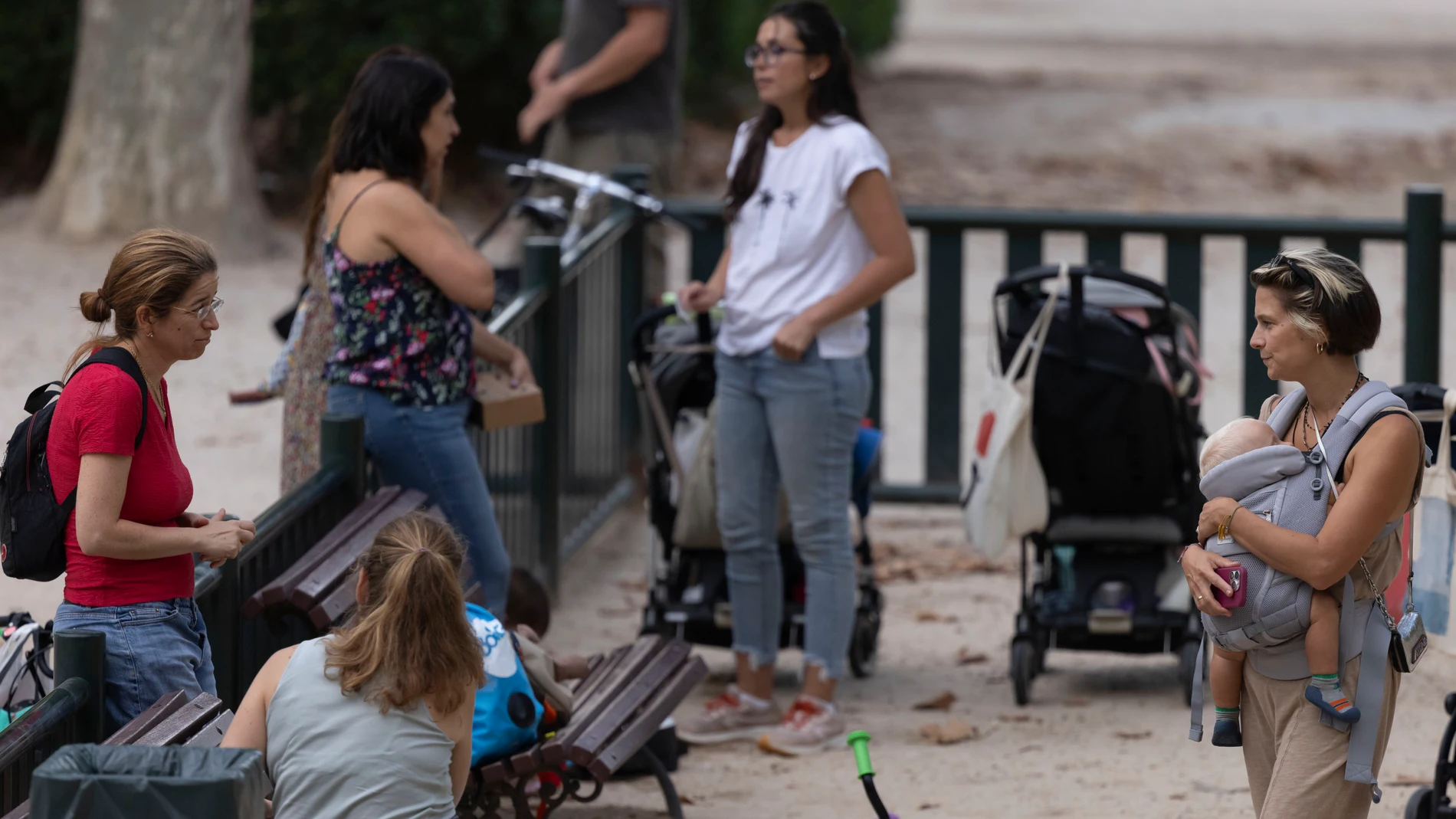Madres con bebes e hijos pequeños en el parque.