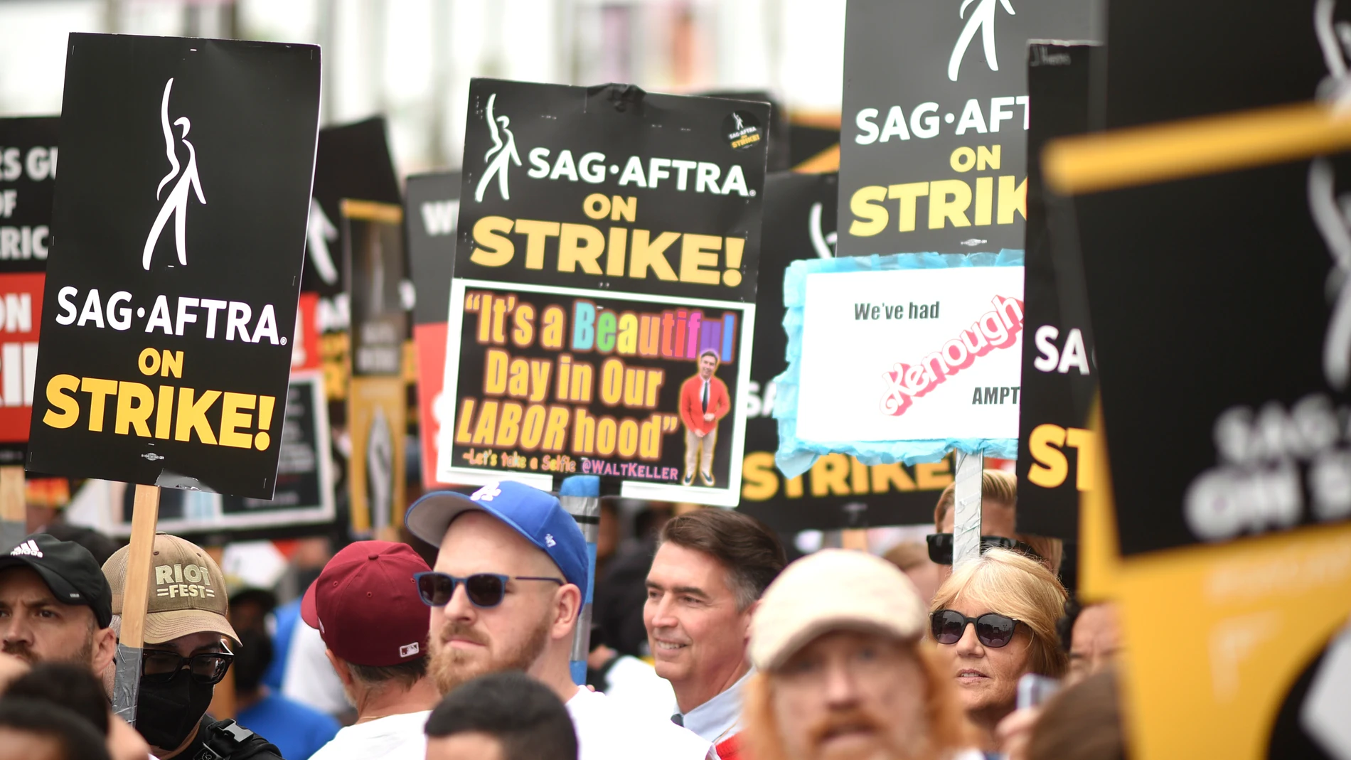 Picketers participate in a rally outside Paramount Pictures Studio on Wednesday, Sept. 13, 2023, in Los Angeles. The film and television industries remain paralyzed by Hollywood's dual actors and screenwriters strikes. (Photo by Richard Shotwell/Invision/AP)