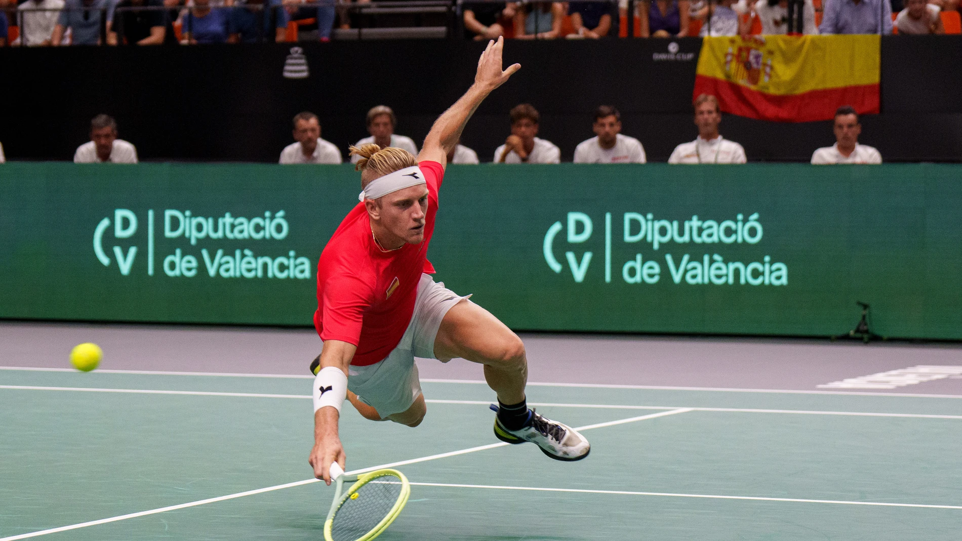 Alejandro Davidovich Fokina of Spain falls to the court during his match against Jiri Lehecka of Czech Republic during the Davis Cup 2023, Group C, tennis match played between Spain and Czech Republic at Fuente de San Luis pavilion on September 13, 2023, in Valencia, Spain. Oscar J. Barroso / Afp7 13/09/2023 ONLY FOR USE IN SPAIN