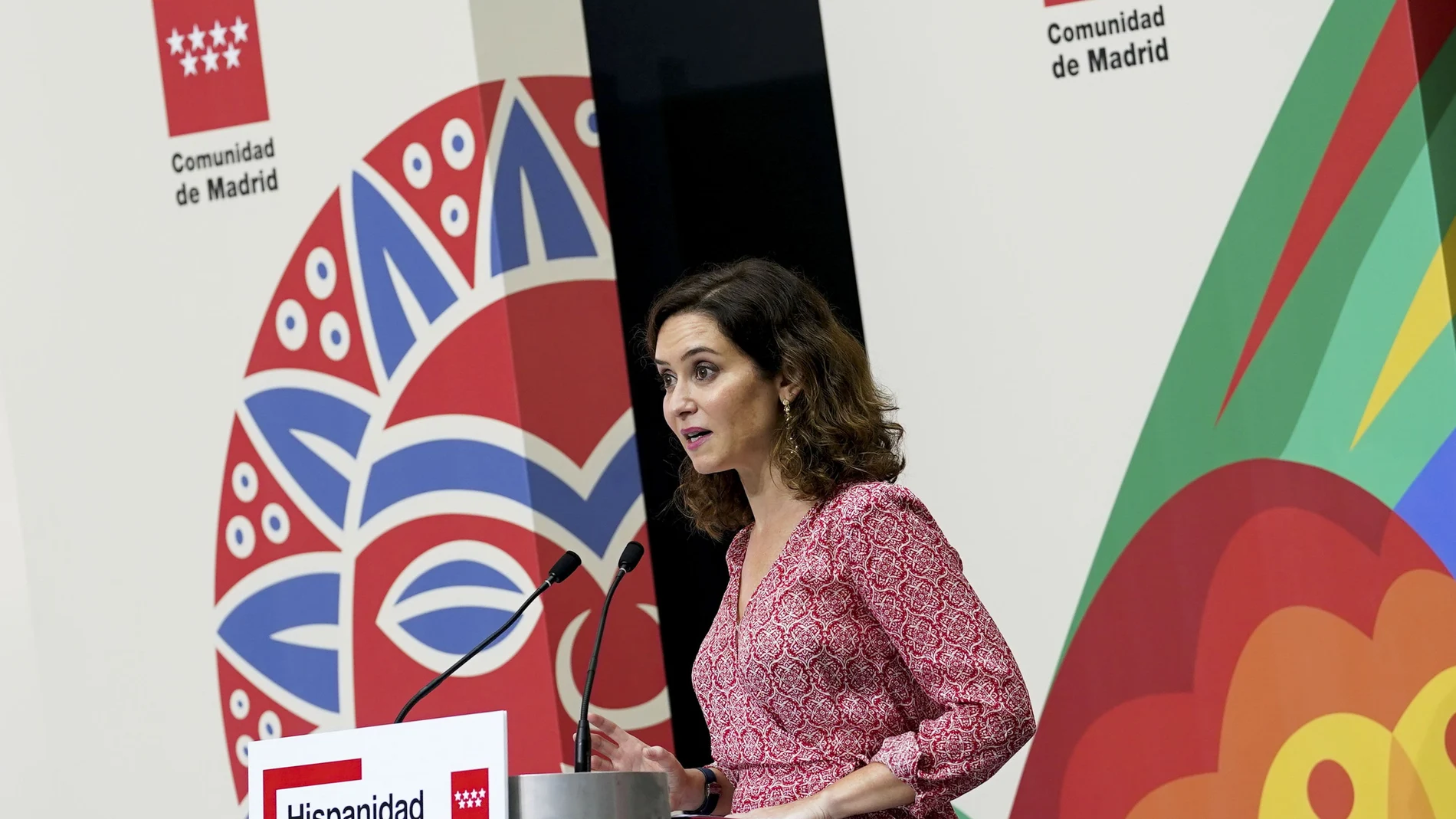 La presidenta de la Comunidad de Madrid Isabel Díaz Ayuso, este viernes en la presentación de Hispanidad 2023 en la Casa de Correos en Madrid.