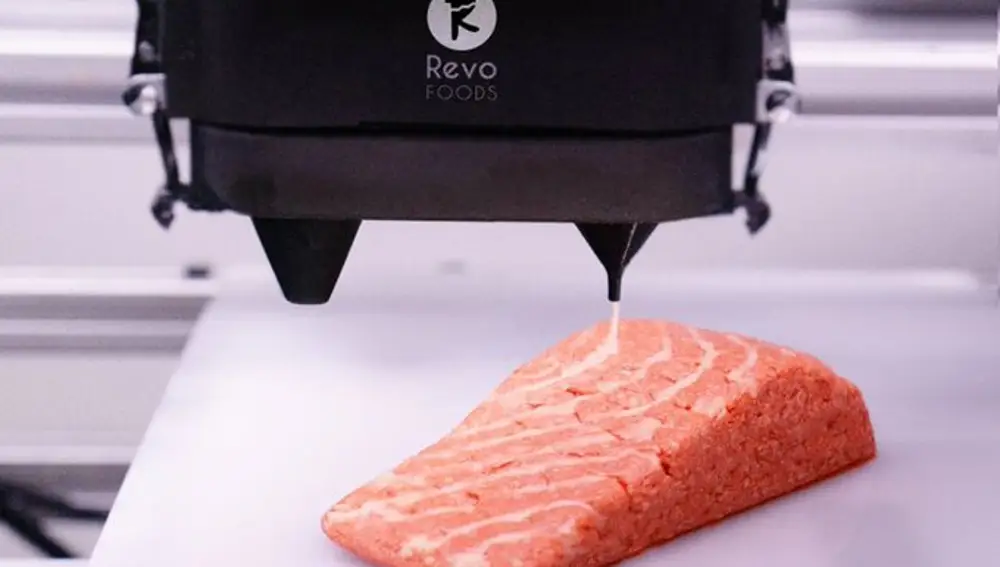 Una impresora crea un trozo de salmón vegetal