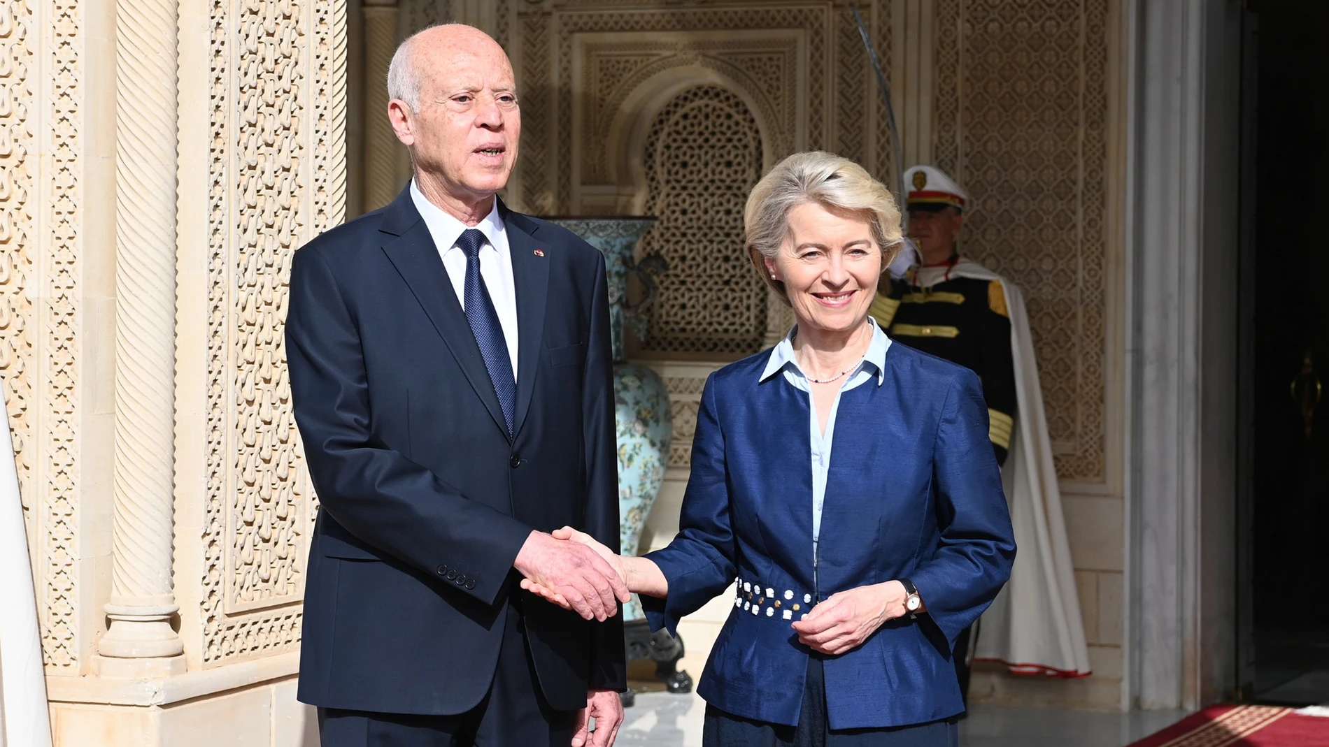 July 16, 2023, Tunis, Tunis, Tunisia: Tunisian President Kais Saied meets with, Prime Minister of Italy Giorgia Meloni , President of European Commission Ursula von der Leyen, Prime Minister of the Netherlands Mark Rutte at the Presidential Palace in Tunis, Tunisia on July 16, 2023. At the press conference, it was announced that a comprehensive cooperation memorandum of understanding was signed between Tunisia and the EU (Foto de ARCHIVO) 16/07/2023