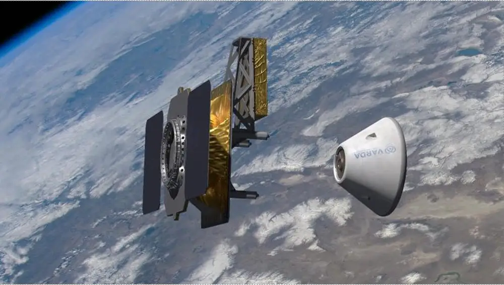 Recreación del satélite Varda W-1 y su cápsula de reentrada.