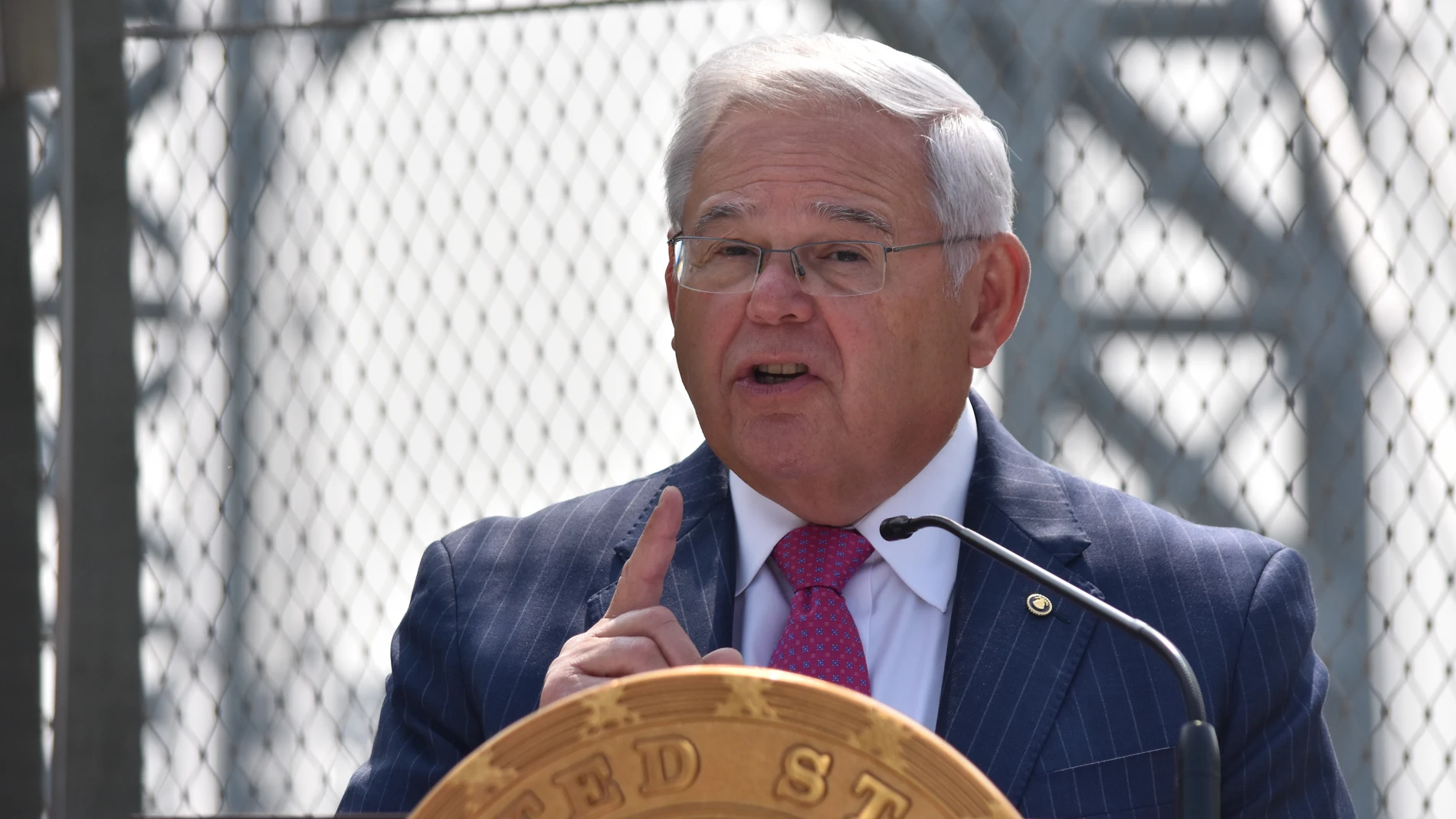May 15, 2023, Fort Lee, New Jersey, United States: U.S. Senator Bob Menendez talks about his legislation proposal in the U.S. Senate on the congestion tax. US. Senator Bob Menendez (D-N.J.) joined with local officials, advocates and business and transportation leaders, to announce legislation he is introducing in the U.S. Senate regarding New York's congestion pricing tax on New Jersey drivers and small businesses. The event took place at the George Washington Bridge in Fort Lee, New Jersey, ...