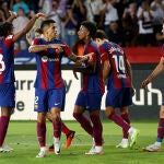 Los jugadores del Barça celebran el tercer gol ante el Celta