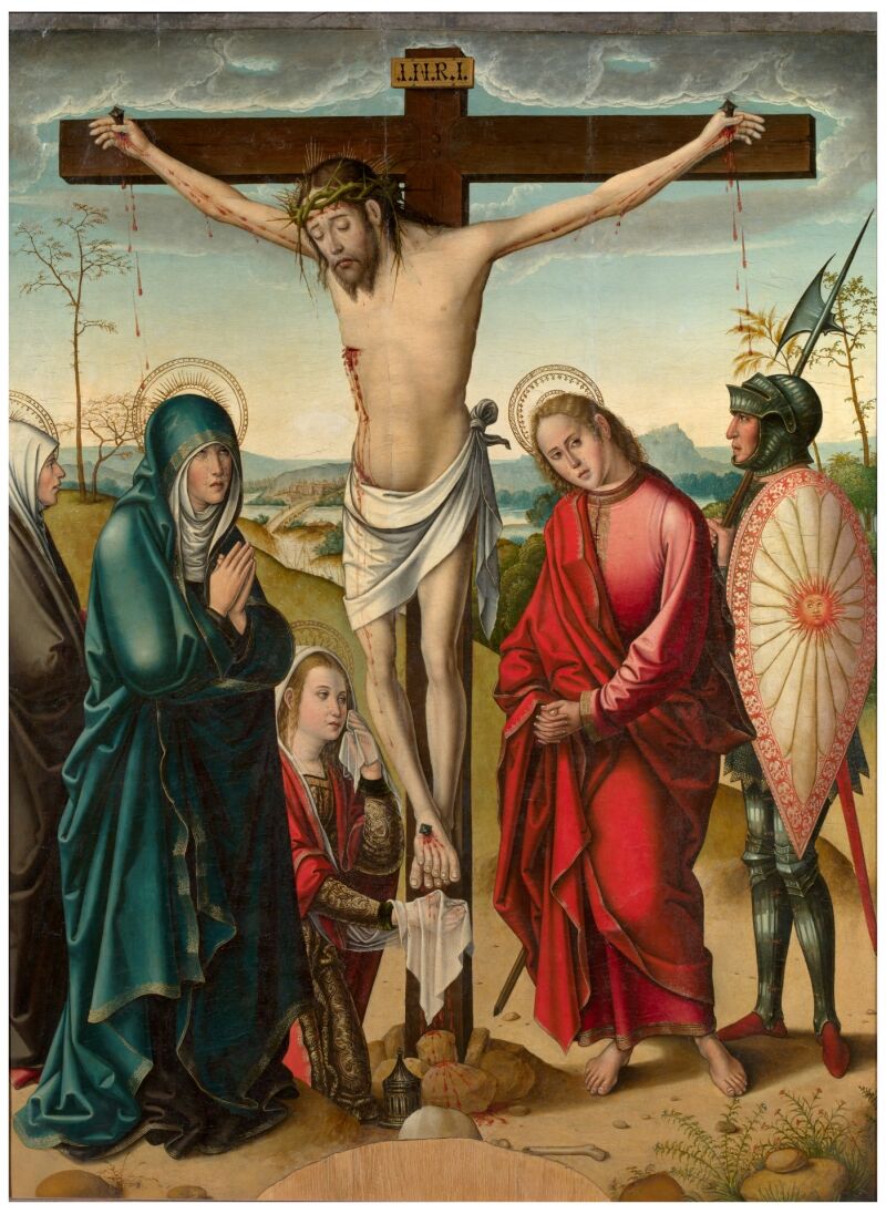 Crucifixión. Cristo en la cruz, a su derecha las tres Marías y a su izquierda el apóstol San Juan