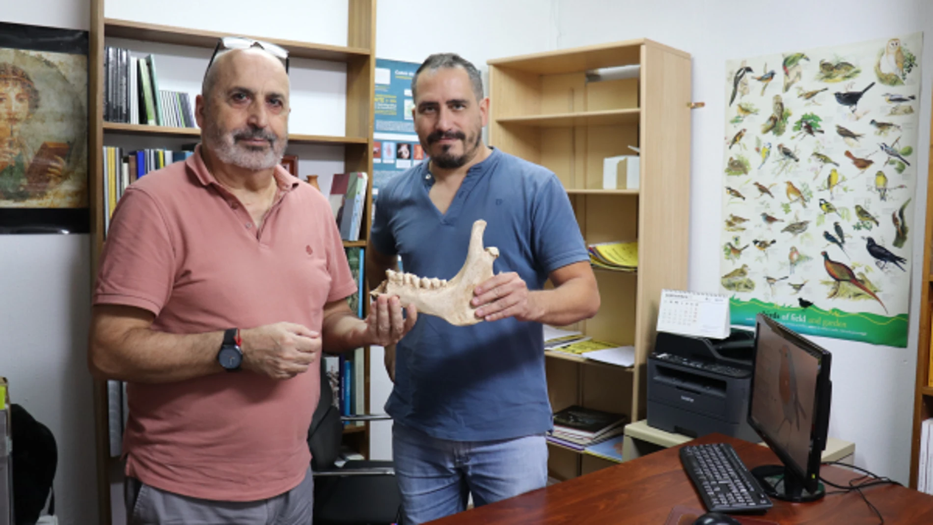 Los investigadores José Antonio Riquelme Cantal y Juan Manuel Garrido Anguita mostrando parte del hueso de la mandíbula de un dromedario actual