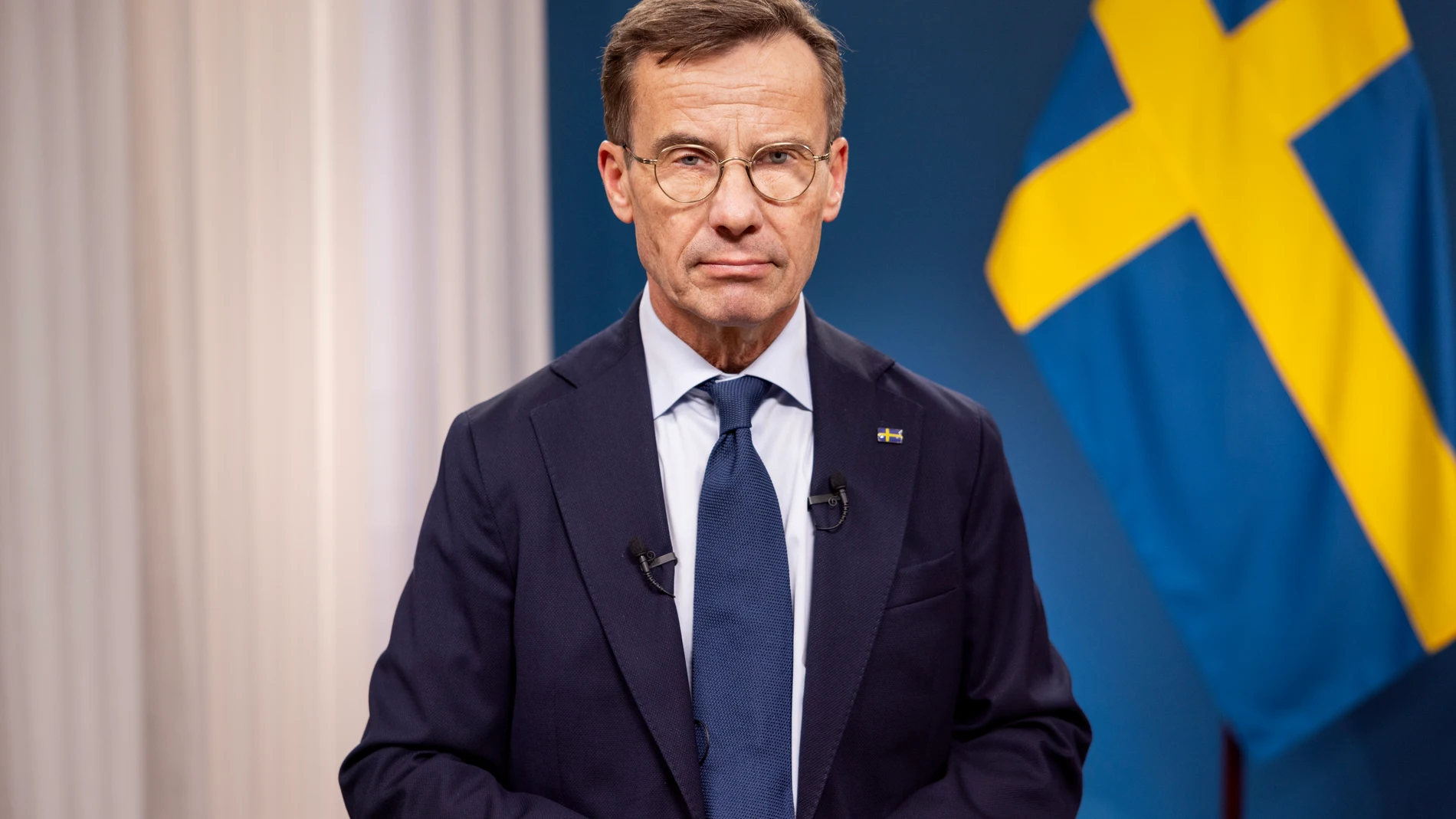 STOCKHOLM, Sept. 29, 2023 -- Sweden's Prime Minister Ulf Kristersson delivers a speech to the nation in Stockholm, Sweden, on Sept. 28, 2023. In a televised address to the nation on Thursday evening, following some of the bloodiest weeks in Swedish modern history, Prime Minister Ulf Kristersson said that he would meet with the supreme commander of the Swedish Armed Forces on Friday to discuss how the army could assist the police. 28/09/2023