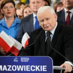 El líder de Ley y Justicia, Jaroslaw Kaczynski, durante un mitin en Pruszkow