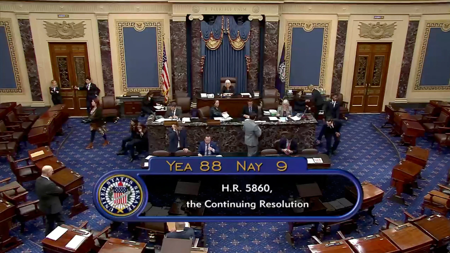 This image from U.S. Senate video shows the vote total, 88-9, on a temporary funding bill in the Senate at the U.S. Capitol in Washington, Saturday, Sept. 30, 2023. The threat of a federal government shutdown ended late Saturday, hours before a midnight deadline, as Congress approved a temporary funding bill to keep agencies open and sent the measure to President Joe Biden to sign. (Senate Television via AP)