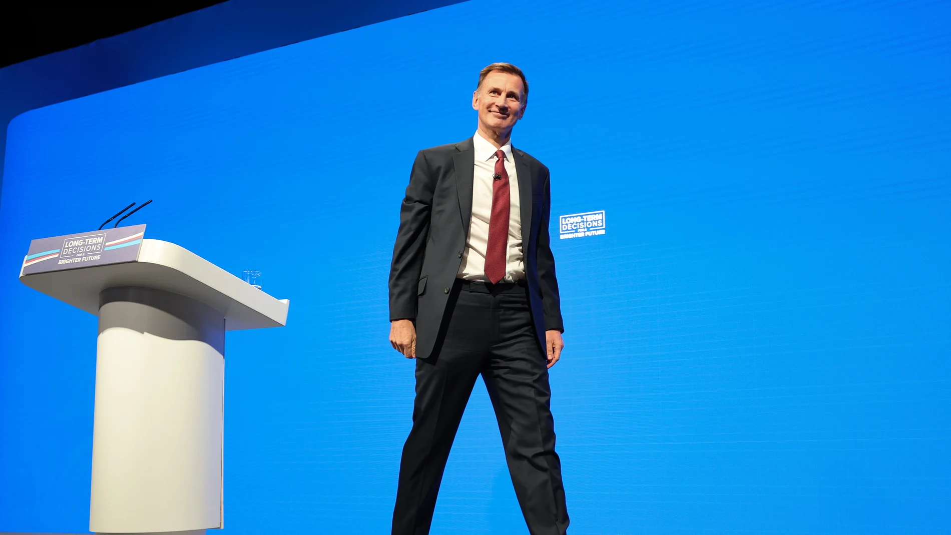 British Chancellor of the Exchequer Jeremy Hunt walks on stage at the Conservative Party Conference in Manchester, Britain, 02 October 2023. The conference runs from 01 to 04 October at Manchester Central.