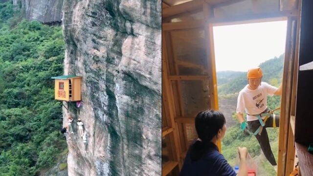 Tienda colgada a 120 metros de altura en un acantilado en China