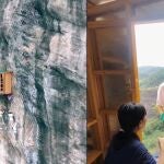 Tienda colgada a 120 metros de altura en un acantilado en China