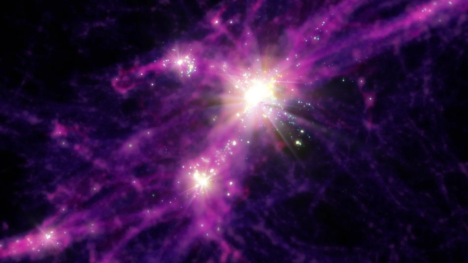 Concepto artístico de las primeras galaxias. La imagen se ha obtenido a partir de los datos de simulación utilizados para esta investigación, que pueden explicar los resultados recientes del Telescopio Espacial James Webb. Las estrellas y galaxias se muestran en los puntos de luz blanca brillante, mientras que la materia oscura más difusa y el gas se muestran en morados y rojos.