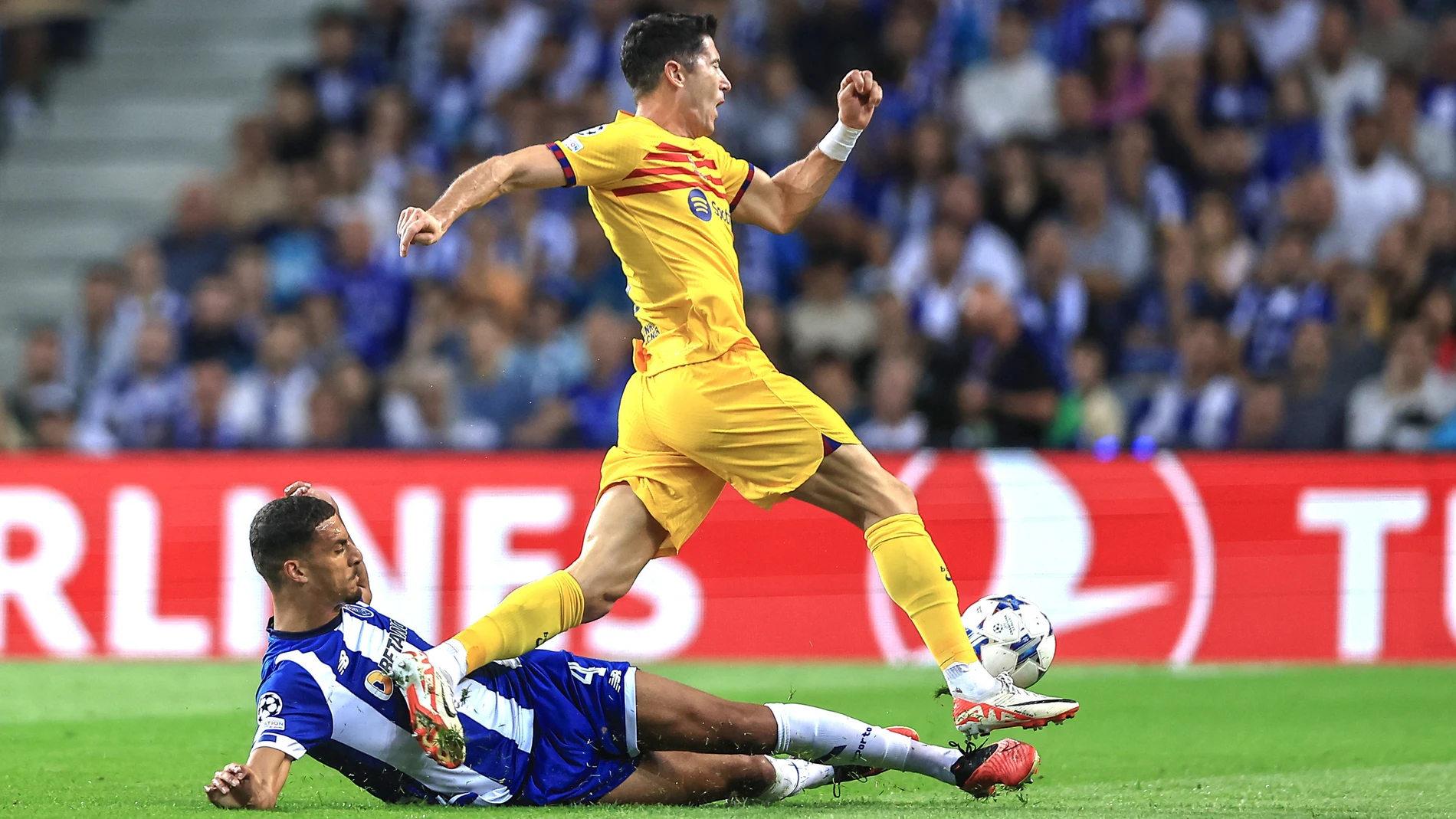 04 October 2023, Portugal, Porto: Porto's David Carmo (L) and Barcelona's Robert Lewandowski battle for the ball during the UEFA Champions League group H soccer match between FC Porto and FC Barcelona at Estadio do Dragao. Photo: Miguel Pereira/Atlantico Press via ZUMA Press/dpa Miguel Pereira/Atlantico Press V / Dpa 04/10/2023 ONLY FOR USE IN SPAIN