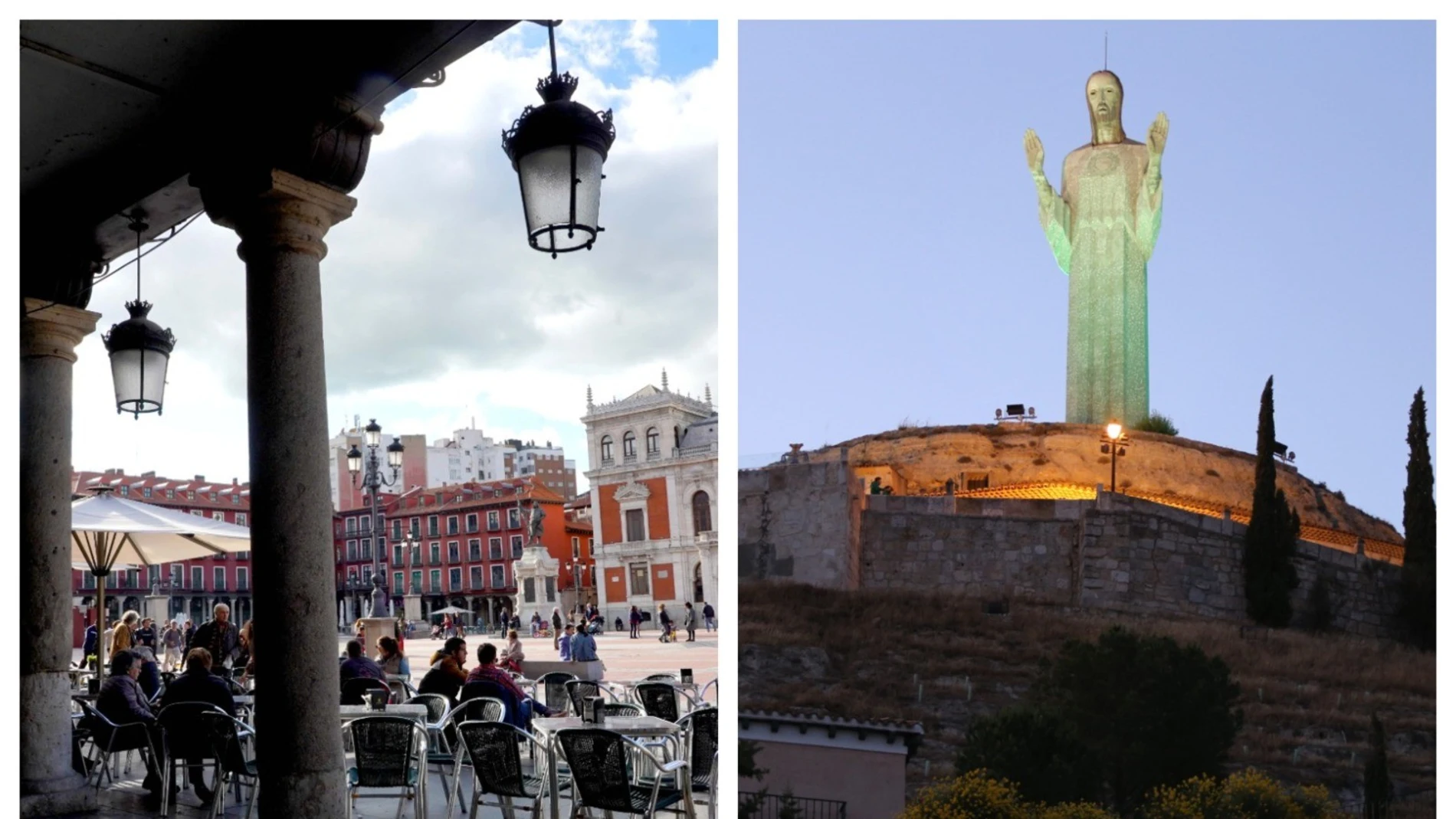 Imágenes de la Plaza Mayor de Valladolid y del Cristo del Otero de Palencia