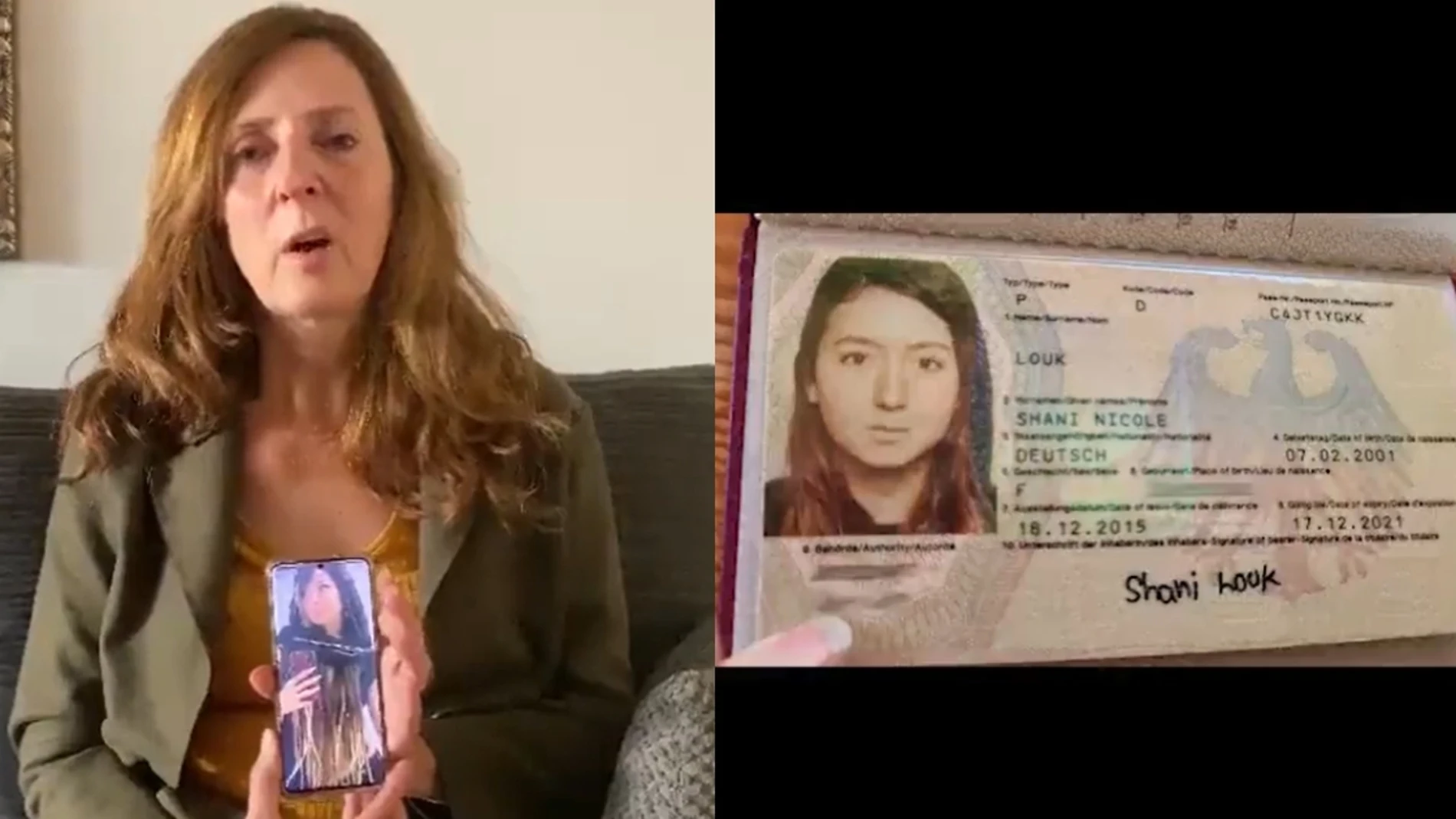 Madre de Shani Louk y el documento de identidad de su hija 