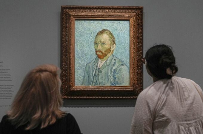 People look at Vincent Van Gogh's oil on canvas painting, Self-portrait, 1889, during the press day of the "Van Gogh in Auvers-sur-Oise: The Final Months" exhibition at the Musee d'Orsay in Paris, Friday, Sept. 29, 2023.