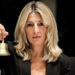 Spain's Second Deputy Prime Minister and acting Minister for Labour and Social Economy, and Sumar (SMR) party leader Yolanda Diaz rings the bell at the start of the Employment, Social Policy, Health and Consumer Affairs Council, in Luxembourg, 09 October 2023.