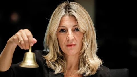 Spain's Second Deputy Prime Minister and acting Minister for Labour and Social Economy, and Sumar (SMR) party leader Yolanda Diaz rings the bell at the start of the Employment, Social Policy, Health and Consumer Affairs Council, in Luxembourg, 09 October 2023.