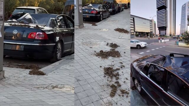 El vehículo ha aparecido esta mañana con el techo hundido en la zona de las Cuatro Torres, en Madrid