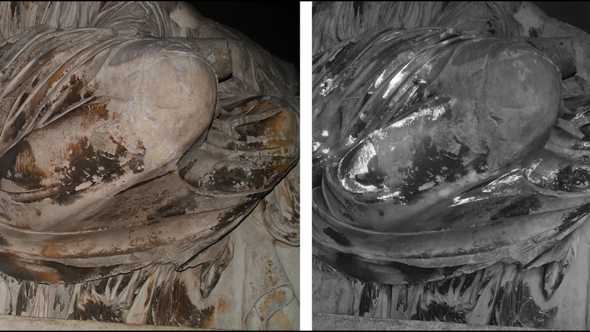 Imágenes del estudio que ha descubierto restos de colores en las figuras del Partenón