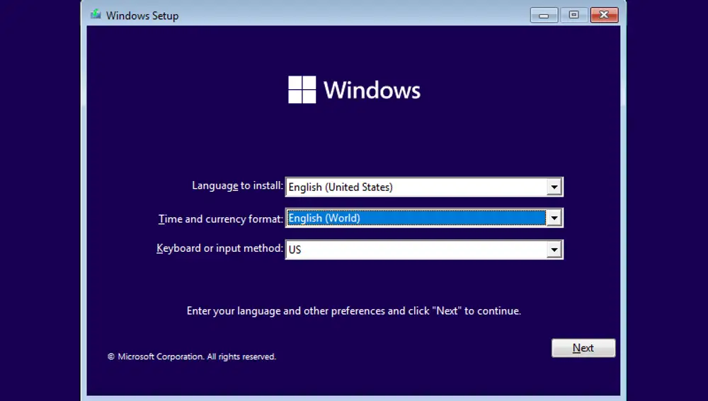 Preferencias de región en la instalación de Windows.