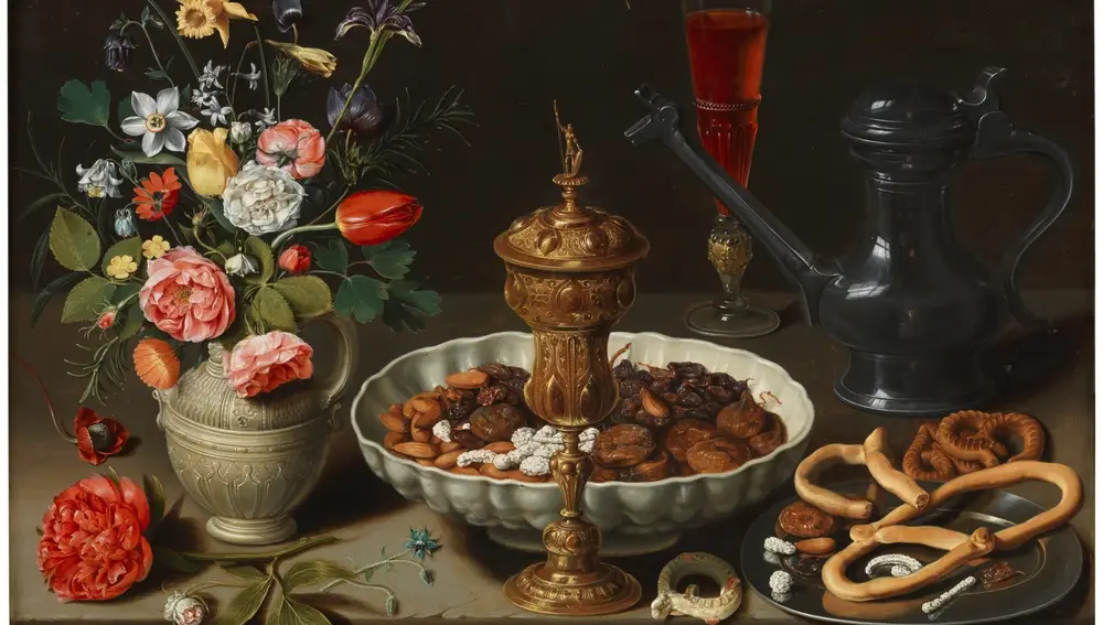 &quot;Bodegón con flores, copa de plata dorada, almendras, frutos secos, dulces, panecillos, vino y jarra de peltre&quot;, 1611