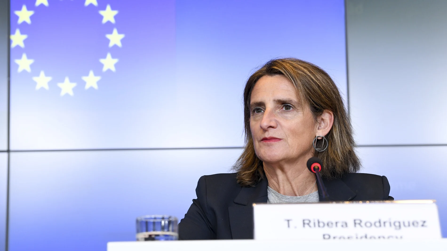 Third Deputy Prime Minister of Spain Teresa Ribera holds a press conference after the EU Transport, Telecommunications and Energy Council meeting.