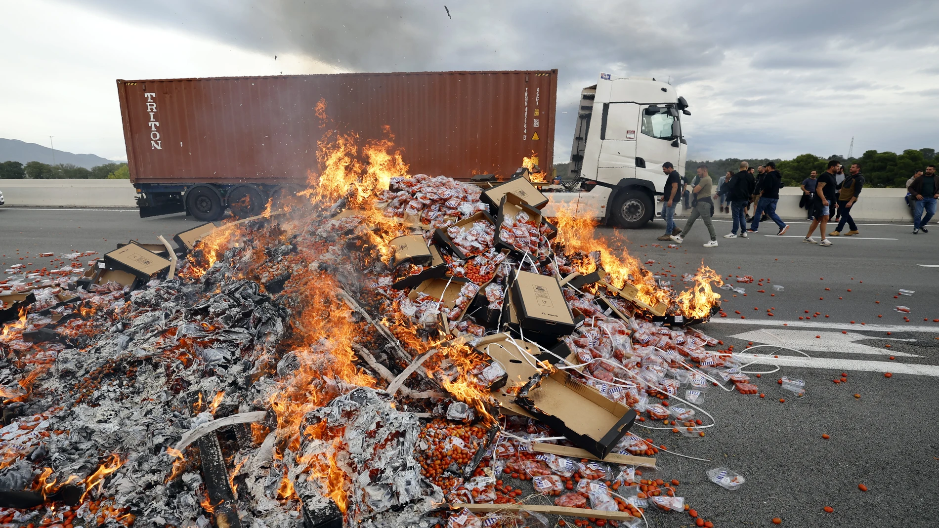 Le Boulou (France), 19/10/2023.- French winemakers destroy a shipment of tomatoes coming from Spain during a demonstration by the tollbooth in Le Boulou, near the Spanish border, south of France, 19 October 2023. Winegrowers and winemakers from south of France are protesting against the introduction of Spanish wines. (Protestas, Francia, España) EFE/EPA/GUILLAUME HORCAJUELO 