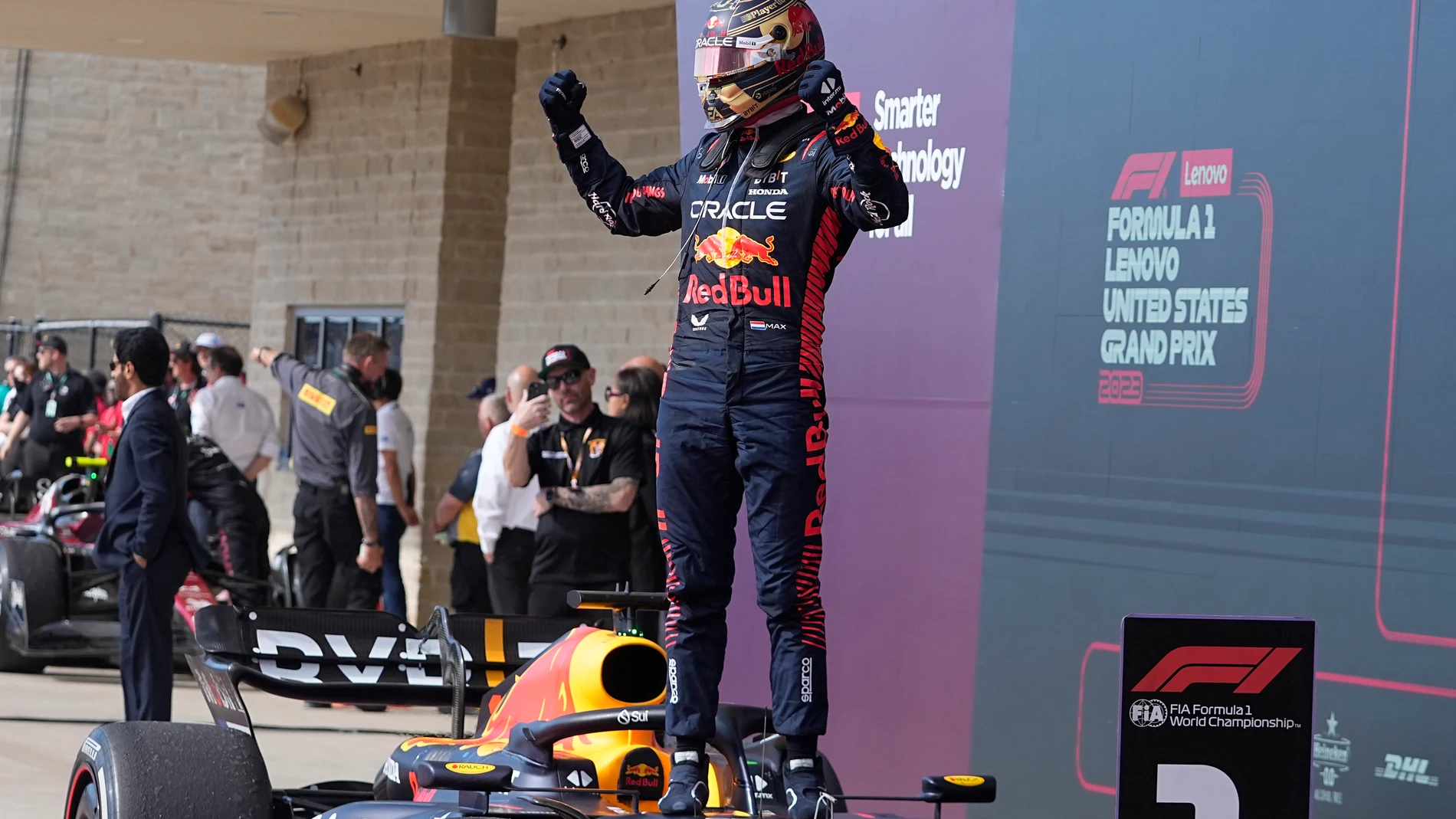 Red Bull driver Max Verstappen, of the Netherlands, celebrates after winning the Formula One U.S. Grand Prix auto race at Circuit of the Americas, Sunday, Oct. 22, 2023, in Austin, Texas. (AP Photo/Darron Cummings)