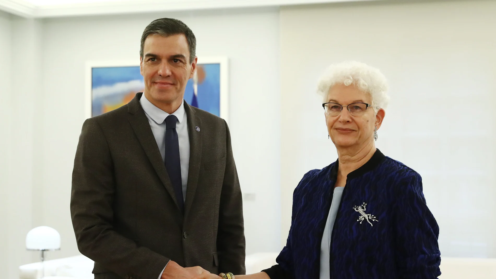 El presidente del Gobierno en funciones, Pedro Sánchez, durante su reunión con la embajadora de Israel en España y Andorra, Rodica Radian-Gordon, este lunes en el Complejo de la Moncloa en Madrid.