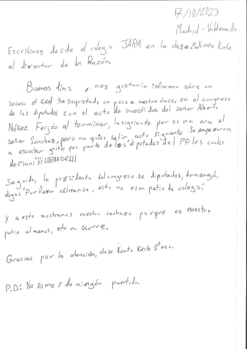 Carta de los alumnos del Colegio Jara