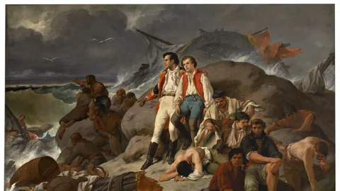 "Episodio de Trafalgar" (1862), óleo sobre lienzo de Francisco Sans Cabot. Pintura que representa el naufragio del navío Neptuno
