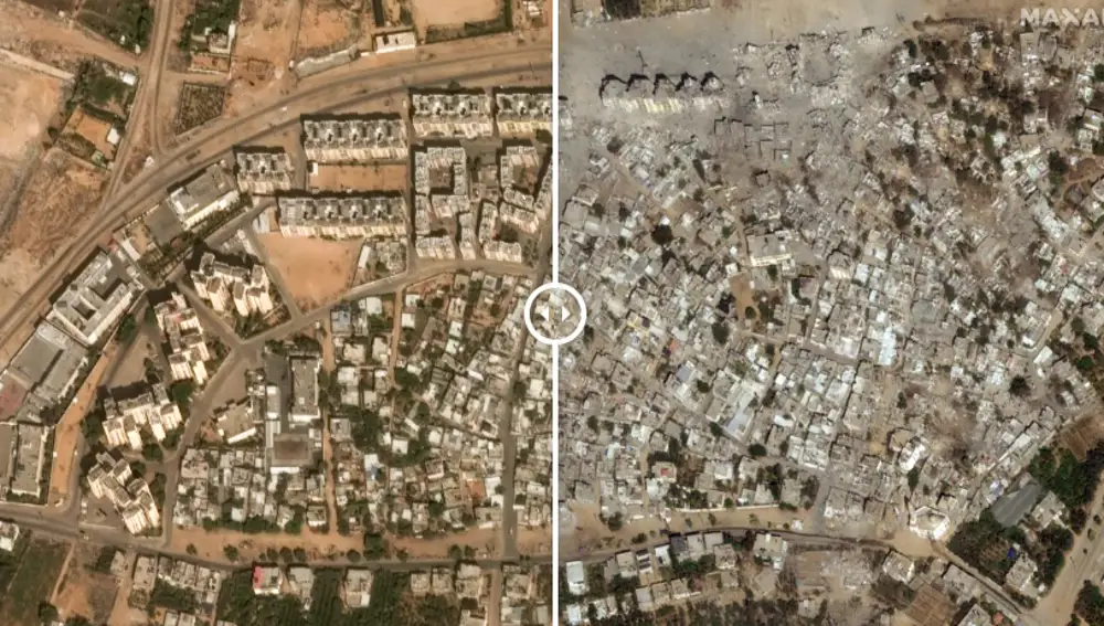 Dos imágenes del mismo sitio de Gaza antes y después de los bombardeos israelíes