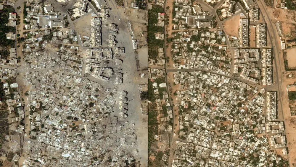 Vista del antes y el después de la ciudad de Beit Hanun en el norte de Gaza el 10 de octubre junto a una imagen del 21 de octubre tomada por el satélite de Maxar